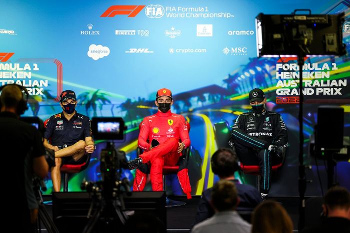 El ganador, Charles Leclerc, Ferrari, Sergio Pérez, Red Bull Racing, George Russell, Mercedes-AMG 