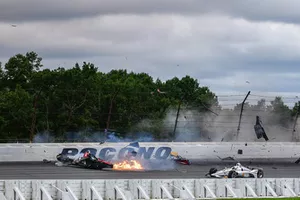 Crash : Robert Wickens, Schmidt Peterson Motorsports Honda, James Hinchcliffe, Schmidt Peterson Motorsports Honda, Ryan Hunter-Reay, Andretti Autosport Honda, Pietro Fittipaldi, Dale Coyne Racing Honda 