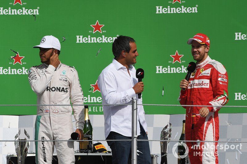 Podio: Lewis Hamilton, Mercedes AMG F1, Sebastian Vettel, Ferrari y Juan Pablo Montoya