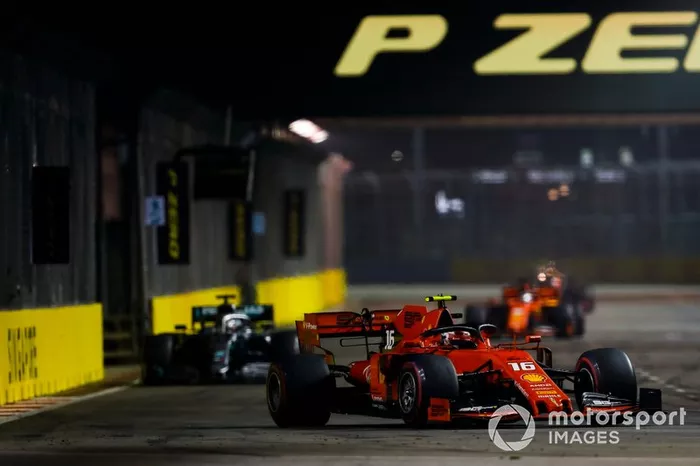 Charles Leclerc, Ferrari SF90, leads Lewis Hamilton, Mercedes AMG F1 W10