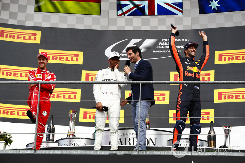 Podium: Mark Webber, Channel 4 F1, interviews Race winner Lewis Hamilton, Mercedes AMG F1, Sebastian Vettel, Ferrari and Daniel Ricciardo, Red Bull Racing