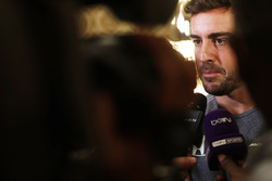 Fernando Alonso talks to the media after announcing his deal to race in the 2017 Indianapolis 500 in an Andretti Autosport run McLaren Honda car