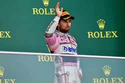 Sergio Perez, Force India celebrates on the podium