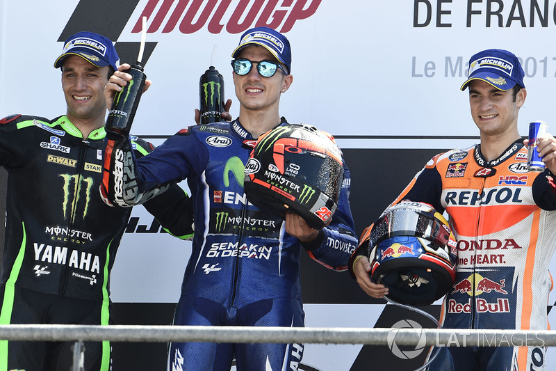 Podium: Ganador, Maverick Viñales, Yamaha Factory Racing, segundo, Johann Zarco, Monster Yamaha Tech