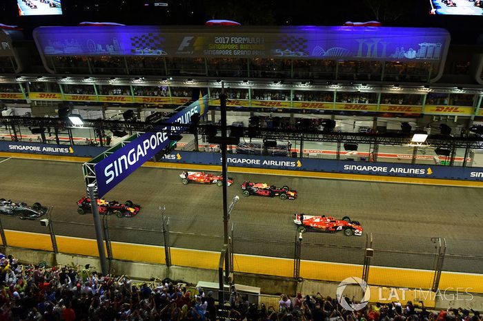 Sebastian Vettel, Ferrari SF70H leads at the start of the race
