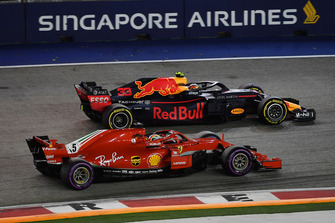Sebastian Vettel, Ferrari SF71H en Max Verstappen, Red Bull Racing RB14