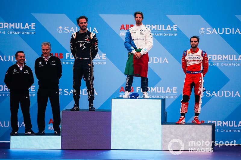 Antonio Felix da Costa, BMW I Andretti Motorsports celebrates victory on the podium with second position Jean-Eric Vergne, DS TECHEETAH, third position Jérôme d'Ambrosio, Mahindra Racing