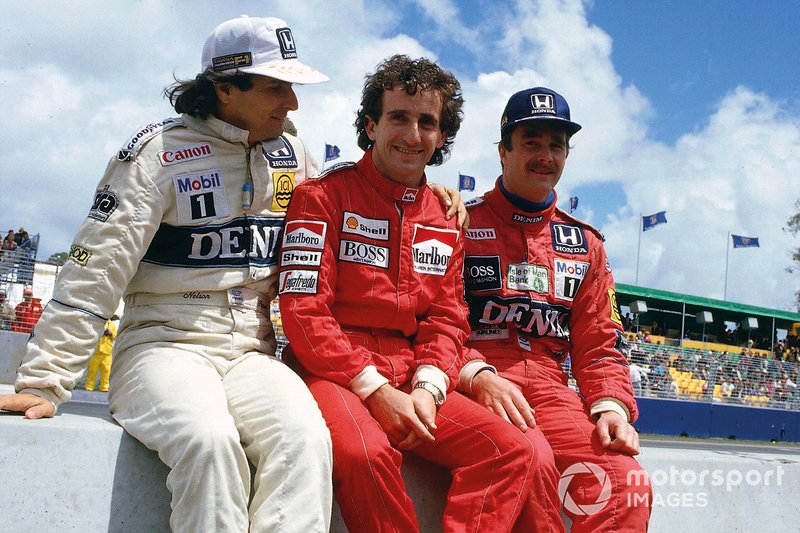 Nelson Piquet, Williams Honda, Alain Prost, McLaren TAG Porsche, Nigel Mansell, Williams Honda, en el pit wall