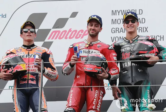 Podio: ganador de la carrera Andrea Dovizioso, Ducati Team segundo lugar Marc Márquez, Repsol Honda y el tercer lugar Fabio Quartararo, Petronas Yamaha SRT