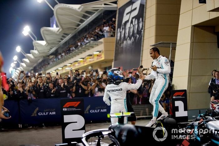 Lewis Hamilton, Mercedes AMG F1, 1st position, and Valtteri Bottas, Mercedes AMG F1, 2nd position, in Parc Ferme