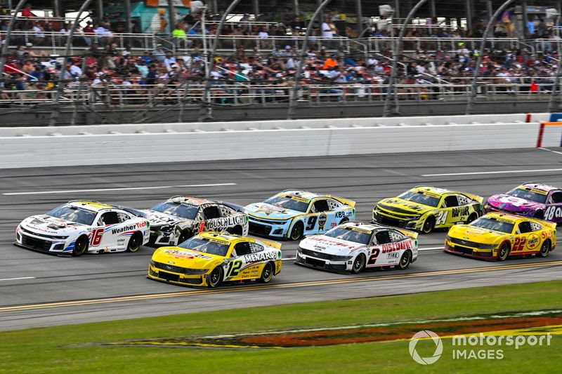 Ryan Blaney, Team Penske, Menards/Pennzoil Ford Mustang, Shane Van Gisbergen, Kaulig Racing, WeatherTech Chevrolet Camaro, Austin Cindric, Team Penske, Discount Tire Ford Mustang, and Joey Logano, Team Penske, Shell Pennzoil Ford Mustang