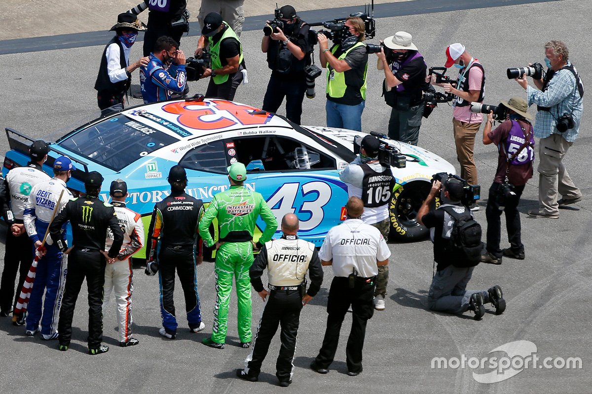 Nascar drivers stand in solidarity with Darrell Wallace Jr., Richard Petty Motorsports, Chevrolet Camaro before the Nascar Cup race