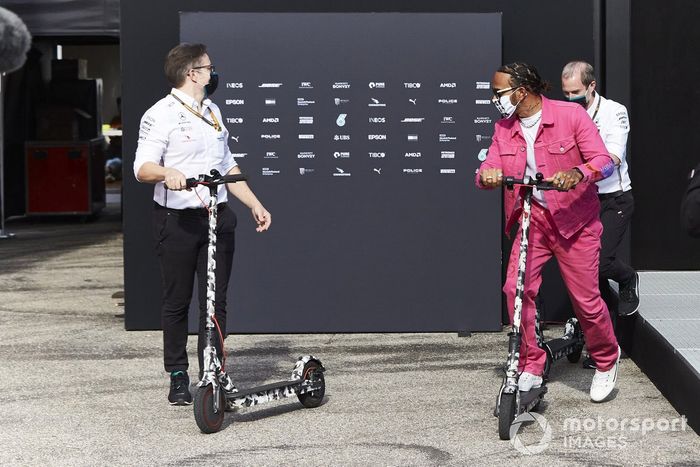 Lewis Hamilton, Mercedes-AMG F1, on a scooter
