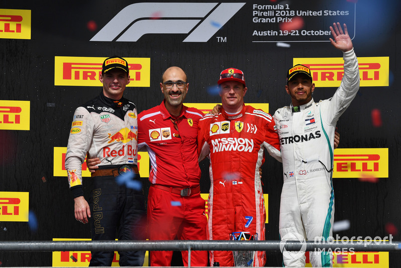 (L to R): Max Verstappen, Red Bull Racing, Carlo Santi, Ferrari Race Engineer, Race Winner Kimi Raikkonen, Ferrari and Lewis Hamilton, Mercedes AMG F1 celebrate on the podium