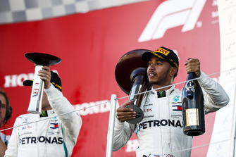 Second place Valtteri Bottas, Mercedes AMG F1, and Race winner Lewis Hamilton, Mercedes AMG F1, on the podium