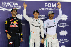 Qualifying top three in parc ferme (L to R): Daniel Ricciardo, Red Bull Racing, second; Nico Rosberg