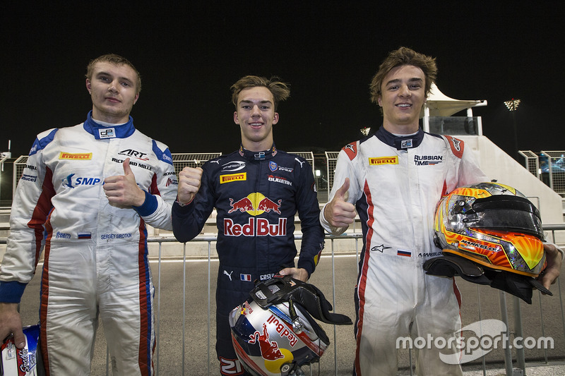 Polesitter Pierre Gasly, PREMA Racing, second place Sergey Sirotkin, ART Grand Prix & third place Ar