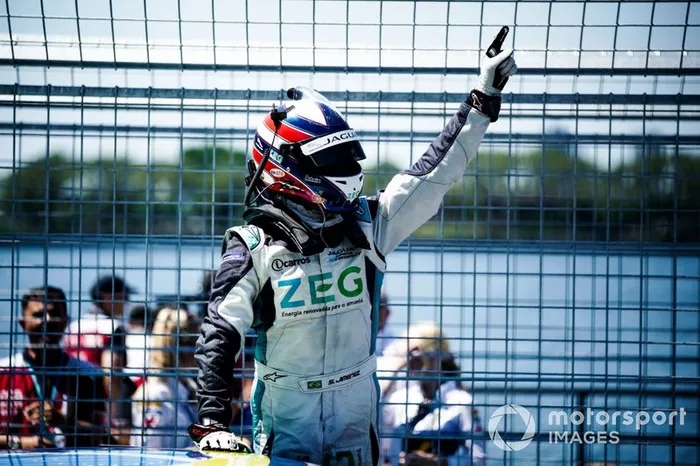 Sérgio Jimenez, Jaguar Brazil Racing celebrates victory in parc ferme