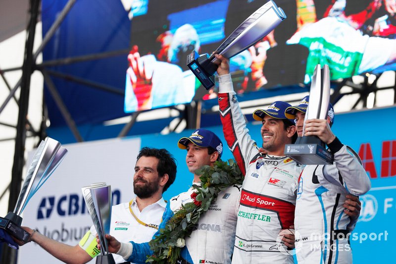 Antonio Felix da Costa, BMW I Andretti Motorsports, Lucas Di Grassi, Audi Sport ABT Schaeffler, Edoardo Mortara, Venturi Formula E, celebra en el podio.