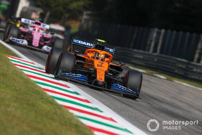 Lando Norris, McLaren MCL35, Sergio Pérez, Racing Point RP20