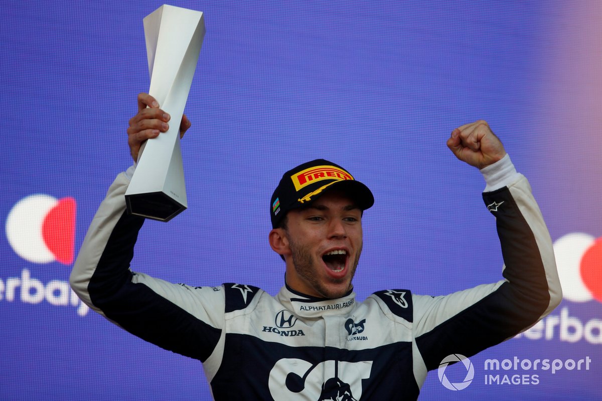 Pierre Gasly, AlphaTauri, 3rd position, lifts his trophy on the podium