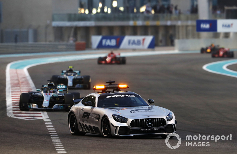 The Safety Car leads Lewis Hamilton, Mercedes AMG F1 W09 EQ Power+, andValtteri Bottas, Mercedes AMG F1 W09 EQ Power+