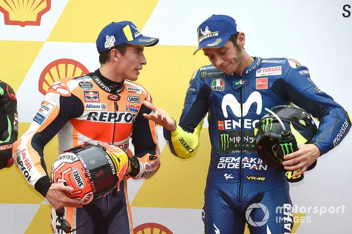 Pole sitter Marc Marquez, Repsol Honda Team, third place Valentino Rossi, Yamaha Factory Racing