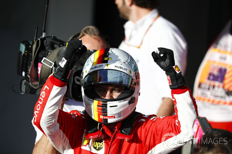 Race winner Sebastian Vettel, Ferrari, celebrates on arrival in Parc Ferme