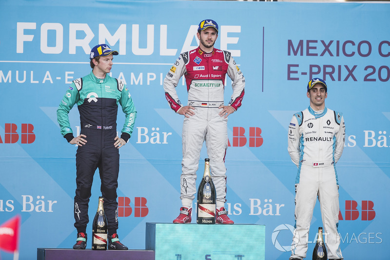 Daniel Abt, Audi Sport ABT Schaeffler, celebrates on the podium after winning the race with Oliver Turvey, NIO Formula E Team, Sébastien Buemi, Renault e.Dams