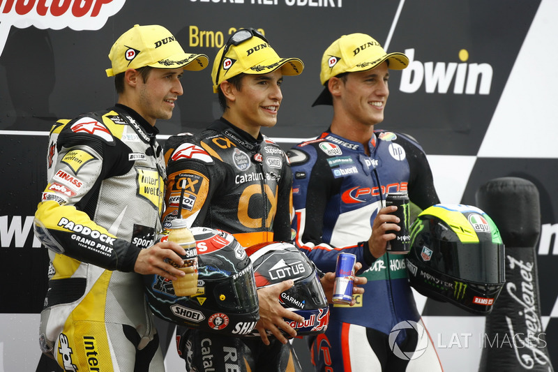 Le podium du GP de République Tchèque 2012 de Moto2 : Marc Marquez, Thomas Luthi, Pol Espargaro