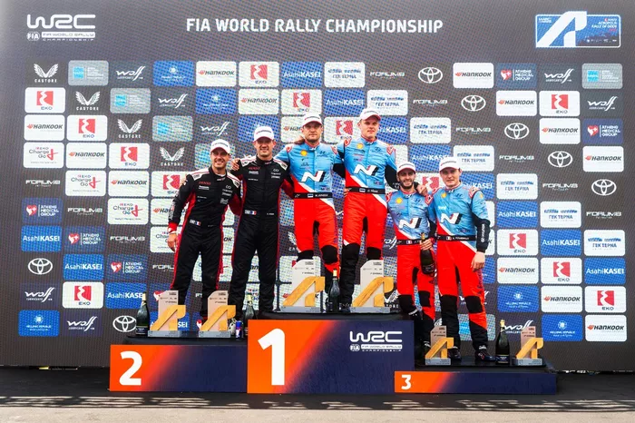 Podium: Winners Ott Tänak, Martin Järveoja, Hyundai World Rally Team Hyundai i20 N Rally1, second place Sébastien Ogier, Vincent Landais, Toyota Gazoo Racing WRT Toyota GR Yaris Rally1, third place Adrien Fourmaux, Alexandre Coria, Hyundai World Rally Tea