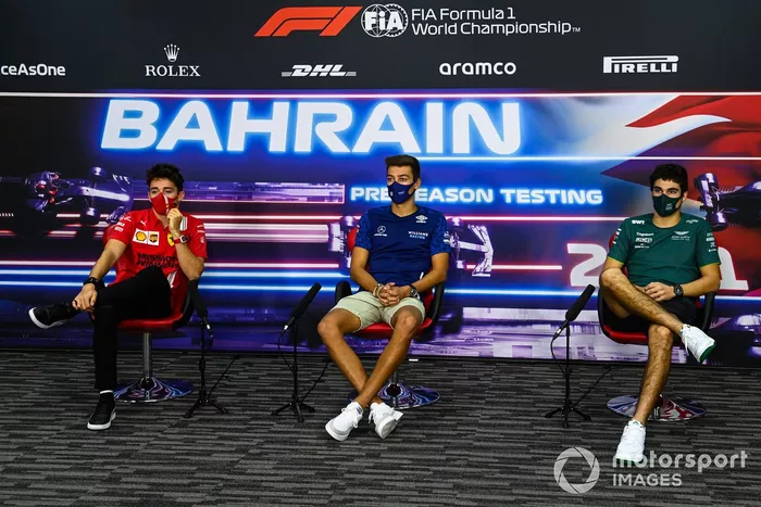 Charles Leclerc, Ferrari, George Russell, Williams, y Lance Stroll, Aston Martin