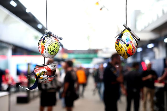 Mini helmets of Max Verstappen, Red Bull Racing