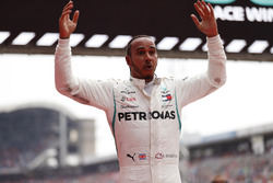 Lewis Hamilton, Mercedes AMG F1, celebrates victory in parc ferme