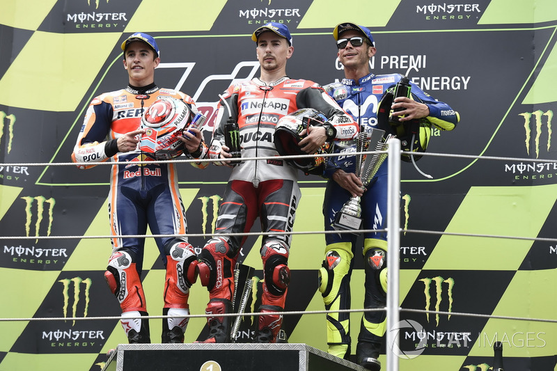 подіум: Марк Маркес, Repsol Honda Team, Хорхе Лоренсо, Ducati Team, Валентино Россі, Yamaha Factory Racing