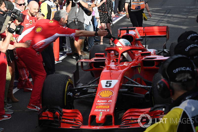 Race winner Sebastian Vettel, Ferrari SF71H arrives in parc ferme and celebrates with Maurizio Arriv