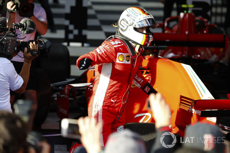 Race winner Sebastian Vettel, Ferrari, celebrates on arrival in Parc Ferme