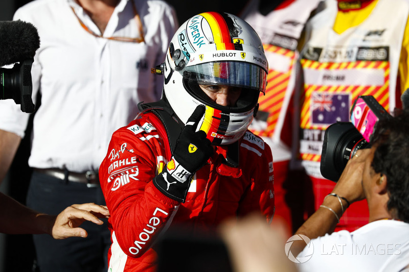 Race winner Sebastian Vettel, Ferrari, celebrates on arrival in Parc Ferme