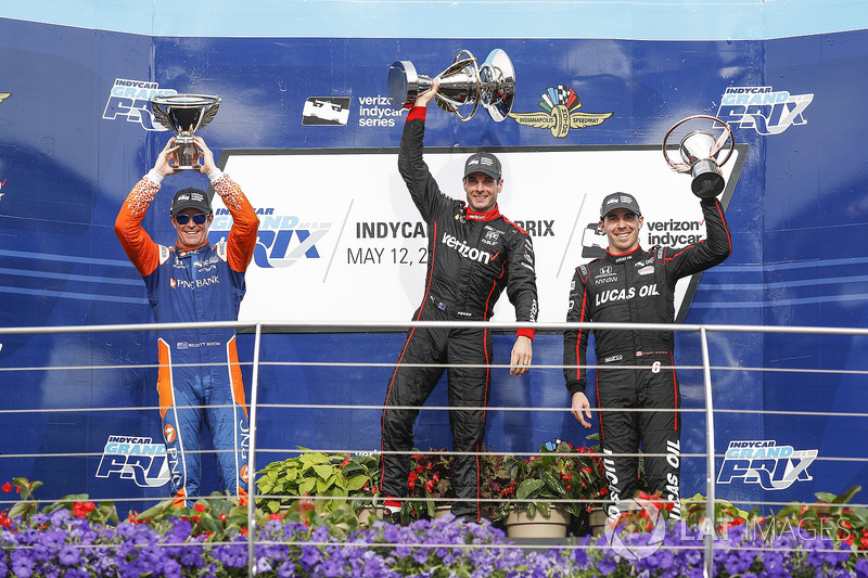 Scott Dixon, Chip Ganassi Racing Honda, Will Power, Team Penske Chevrolet, Robert Wickens, Schmidt Peterson Motorsports Honda, podio