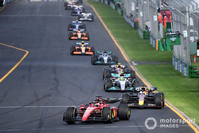 Charles Leclerc, Ferrari F1-75, Max Verstappen, Red Bull Racing RB18, Lewis Hamilton, Mercedes W13, Sergio Pérez, Red Bull Racing RB18, George Russell, Mercedes W13, Lando Norris, McLaren MCL36, Daniel Ricciardo, McLaren MCL36