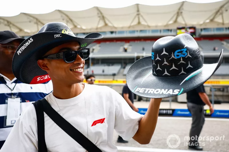 A fans shows off their fan made cowboy hats in support of Lewis Hamilton, Mercedes-AMG F1 Team, George Russell, Mercedes-AMG F1 Team