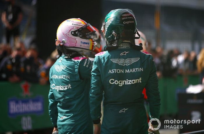 Sebastian Vettel, Aston Martin, Lance Stroll, Aston Martin, en Parc Ferme