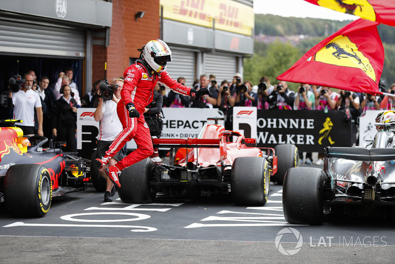 Sebastian Vettel, Ferrari, celebrates victory in parc ferme