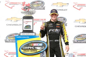Justin Haley, GMS Racing, Chevrolet Silverado Fraternal Order Of Eagles celebrates in victory lane 
