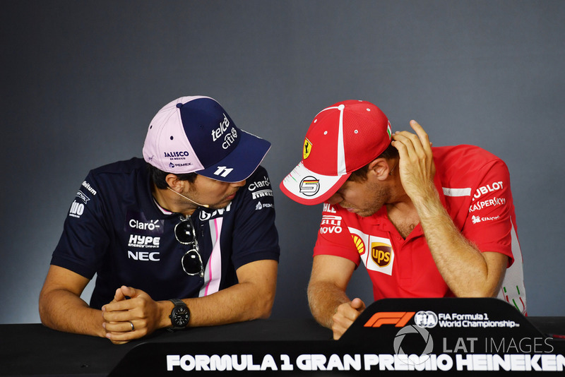 Sergio Perez, Racing Point Force India F1 Team et Sebastian Vettel, Ferrari en conférence de presse