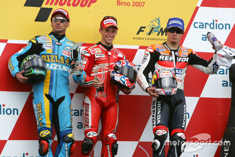 Podium: Race winner Casey Stoner, Ducati; second place John Hopkins, Suzuki; third place Nicky Hayden, Repsol Honda