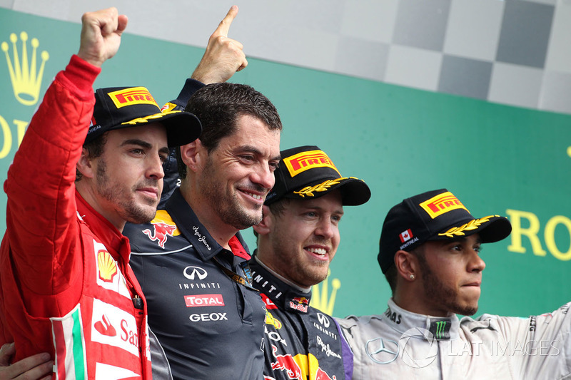 Podium: race winner Sebastian Vettel, Red Bull Racing, second place Fernando Alonso, Ferrari, third place Lewis Hamilton, Mercedes AMG F1, Guillaume Rocquelin, Red Bull Racing Race Engineer,