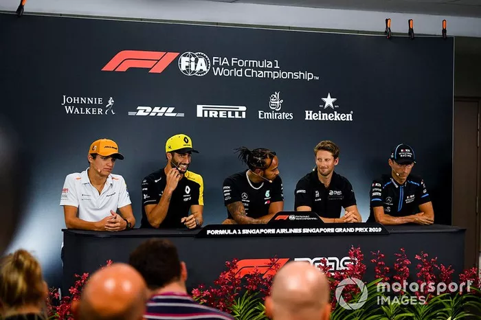 Lando Norris, McLaren, Daniel Ricciardo, Renault F1 Team, Lewis Hamilton, Mercedes AMG F1, Romain Grosjean, Haas F1 e Robert Kubica, Williams Racing in conferenza stampa
