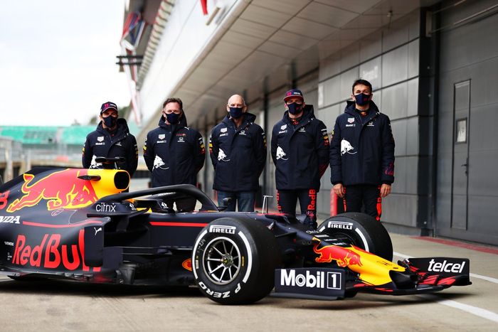 Sergio Perez, Red Bull Racing, Red Bull Racing Team Principal Christian Horner, Adrian Newey, the Chief Technical Officer of Red Bull Racing, Max Verstappen, Red Bull Racing, Alexander Albon, Red Bull Racing