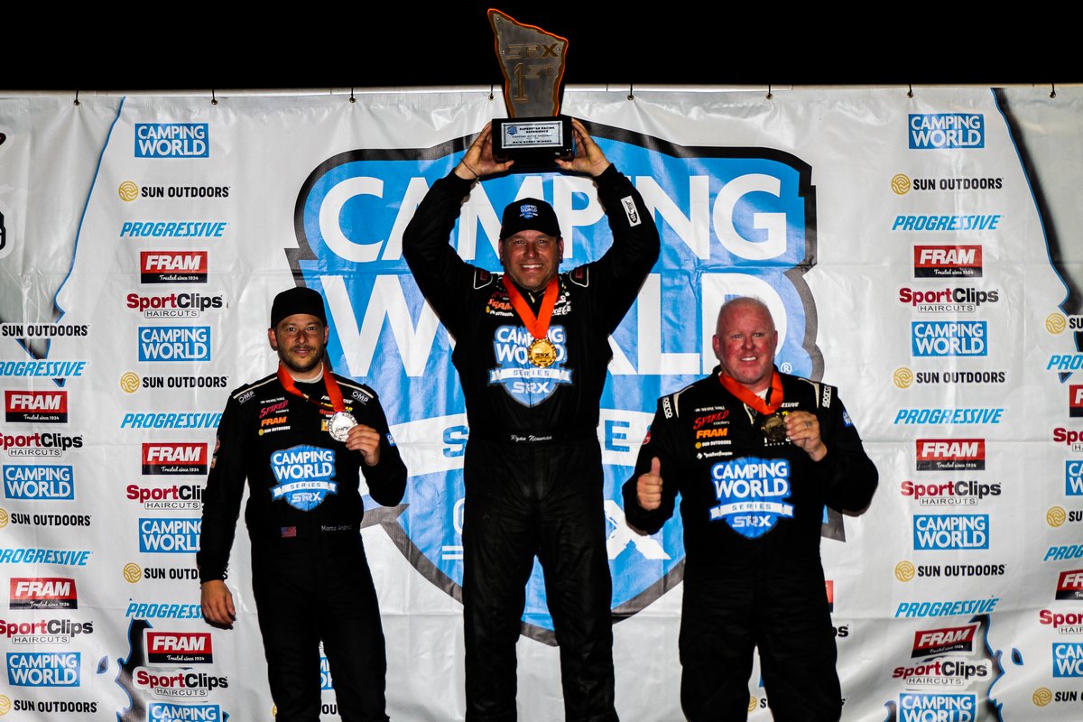 Podium: Race winner Ryan Newman, second place Marco Andretti, third place Paul Tracy, SRX Series Stafford